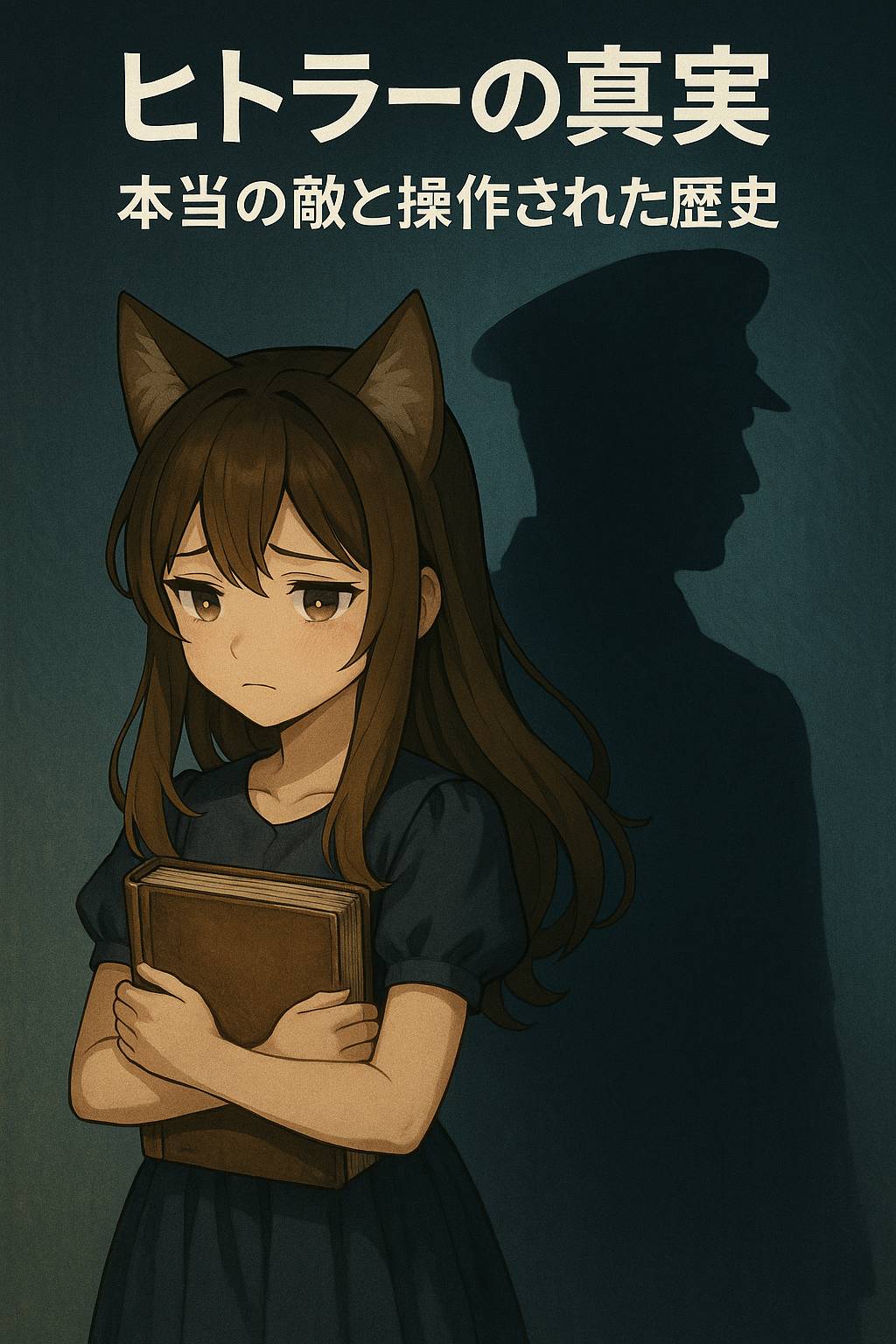 本を抱える少女と背後に映る帽子姿の男性の影