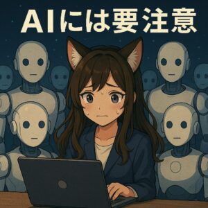 フォックス耳の女子学生が、AIロボットたちに囲まれながらノートパソコンを操作している。背景には「AIには要注意」という警告テキストが描かれている。