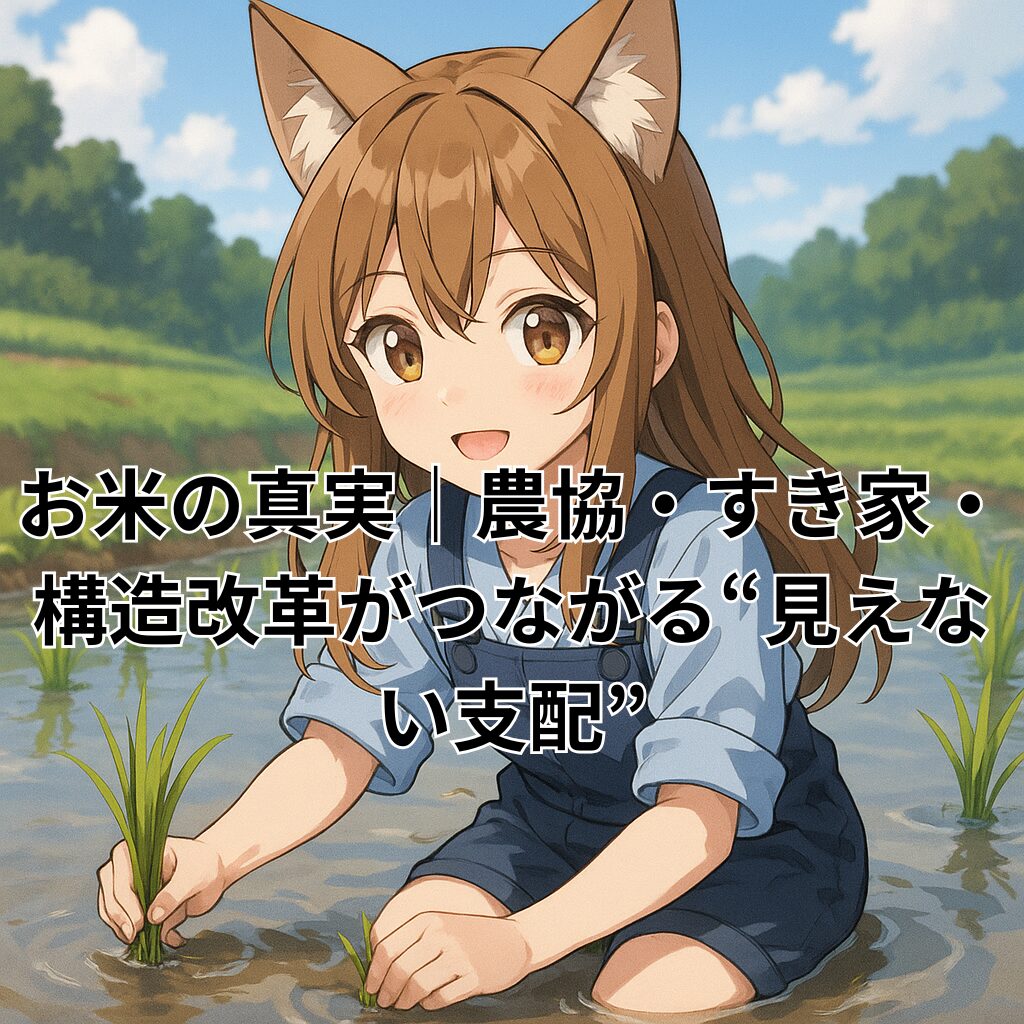 狐耳の女の子が田んぼで田植えをしているアニメ風イラスト。画像中央に「お米の真実｜農協・すき家・構造改革がつながる“見えない支配”」というタイトルテキストが表示されている。