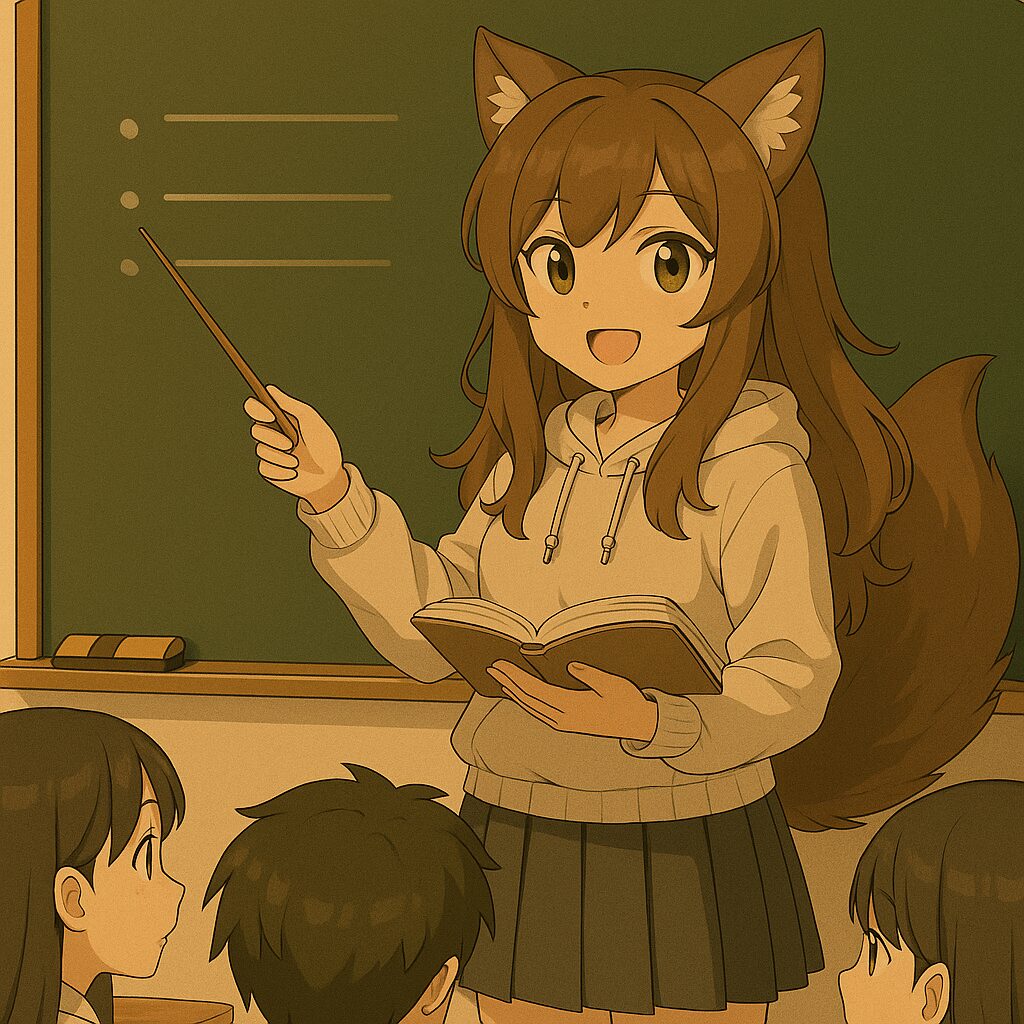 セピア調の教室で、狐耳の少女教師が生徒に向かって授業している様子
