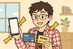 スマートフォン・クレジットカード・銀行カードを手にした男性が、通信費や金融の囲い込みから自由になったことを表現したアニメ風イラスト。生活の選択肢を自分で選び直す姿を象徴。