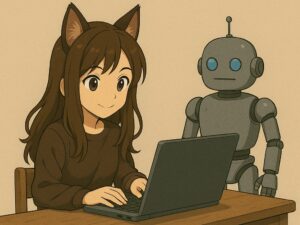 ノートパソコンを操作する狐耳の少女の横にロボットが立っている。下には「AIは“答え”じゃない。君の問いが、君の自由なんだ。考え続けるかぎり、君はAIにも、社会にも“使われない”」というメッセージが記されている。