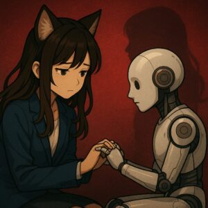 フォックス耳の少女がAIの手を取りながらも、どこか寂しげにうつむいている。背景は赤と黒で、感情の揺らぎと孤独を象徴している。