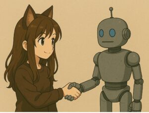 ロボットと握手する狐耳の少女の画像の下に、水色の吹き出し風ボックスで「AIは答えじゃない。君の“問い”こそが、君の自由なんだ。」という強調されたメッセージが表示されている。
