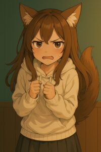 フード付きの白いパーカーを着た狐耳の少女が涙をこらえながら怒っている様子。正面から感情を伝えるアニメ風のイラスト。