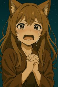 涙を流しながら手を組み、胸元で祈るように抱える狐耳の少女。下には「私たちは“知らないように育てられた”んです。」というテキストが表示されている。