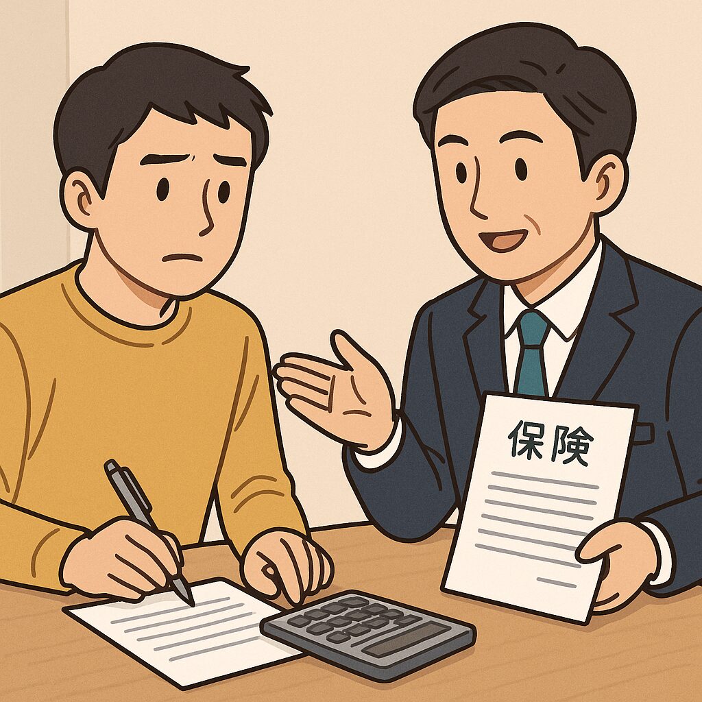 若い男性が電卓と鉛筆を手に、保険会社の担当者と相談しているアニメ風イラスト。保険の見直しに悩む様子を表現。