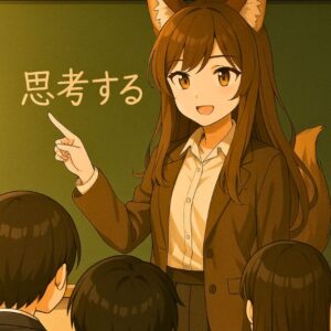 教壇に立ち、黒板に「思考する」と書かれた文字を指差して教える狐耳の女性教師風キャラクター。覚醒・教育・情報リテラシーを象徴するアニメ風のイラスト。