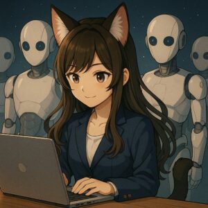 AIに囲まれたフォックス耳の少女が不安げにPCに向かう様子