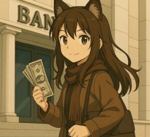 銀行前で紙幣を持つ狐耳の少女の画像。下には「IMF・BIS・世界銀行は国際的な安定と発展のための組織である一方で、国家主権や政策決定に影響を与える可能性も併せ持つ構造的な装置なのです。」という警告的なテキストが表示されている。