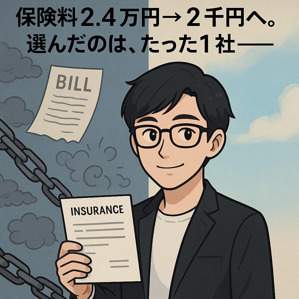 黒縁メガネの若い男性が保険の契約書を手に静かにほほ笑むアニメ風イラスト。過去の重たい契約と未来の自由な選択を象徴するビジュアル構成。