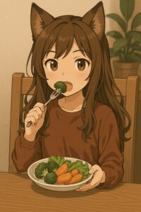 野菜サラダを前にフォークを手にする狐耳の少女。下には「当たり前の日常こそが、最も完成された支配空間だった──それが、ゆきと私が見てきた“現実の姿”。」という深いメッセージが添えられている。