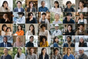 学校教育や社会制度の中で、多くの人が同じ常識や正解を共有するように育てられ、その常識が誰かの都合によって作られていく構造を象徴する、多様な人々の顔が並んだ画像
