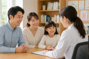 学校教育と医療機関の連携によって、子どもの発達や行動について保護者が相談し、支援を受ける一方で、診断や制度によって親子の判断が管理されていく可能性を象徴する面談風景の画像
