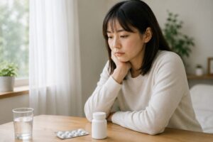 学校教育や医療の中で子どもの落ち着きのなさや個性が問題視され、薬によって感情や行動が抑えられていく可能性を象徴する、薬の前で悩む女性の画像