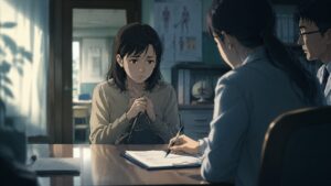 教育現場や医療機関との面談の中で、子どもの発達や行動について説明を受ける保護者が、制度や診断に流されず親としての違和感を大切にする必要性を象徴する画像
