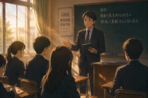 GHQによる戦後教育改革で日本の義務教育制度が書き換えられ、学校教育が考える力よりも従順さや正解主義を重視する仕組みに変化していく様子を描いた教室の画像