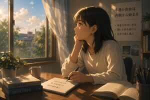 義務教育や学校教育によって正解や常識に従う生き方を教えられた人が、自分の内側にある本音や意志に気づき、考える力と心の自由を取り戻していく姿を象徴する画像