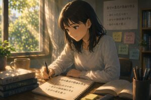 義務教育や学校教育によって正解に従う生き方を教えられた人が、自分の意志で考え、自分の価値観に基づいて自由に生きる道を選び始める姿を象徴する、机で文章を書く女性の画像