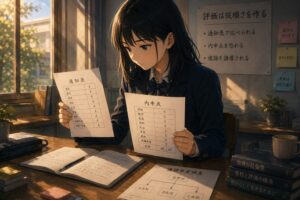 学校教育で通知表や内申点によって子どもが評価され、点数や序列によって従順さを身につけていく義務教育の構造を象徴する教室の画像