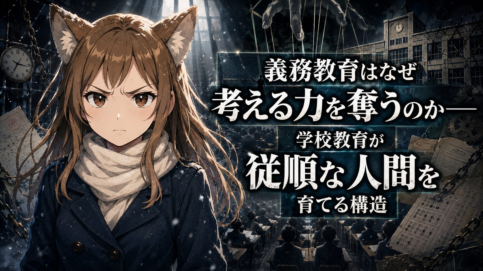 義務教育はなぜ考える力を奪うのかをテーマに、学校教育が従順な人間を育てる構造を象徴的に描いたサムネイル画像。狐耳の少女が教室、鎖、試験用紙、操り糸、監視的な学校空間を背景に立ち、教育制度による思考停止と支配構造を表現している。
