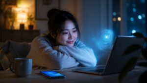 AIやChatGPTが孤独な人に優しく寄り添い、否定されない安心感を与える一方で、人間関係よりもAIとの快適な関係に依存していく危険を象徴する画像。夜の部屋でノートPCを見つめる女性と青いAIの光が、AIへの愛着と孤独の構造を表している。