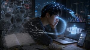 ChatGPTやAIに判断や答えを任せ続けることで、自分で考える力や選ぶ力が弱まり、思考を外注していく危険を象徴する画像。ノートPCやスマホから伸びるデジタルの光が、AIに思考や判断が吸い寄せられていく様子を表している。