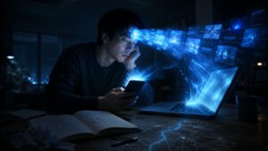 ChatGPTやAIから大量の情報を受け取るだけになり、自分で問いを立てて考える力が弱っていく危険を象徴する画像。スマホとノートPCの光に向かう人物が、AI時代に受信だけでは自由に考えられない状態を表している。