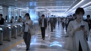 AIやアルゴリズムが社会の導線を作り、人々がスマホを見ながら考えずに同じ方向へ進んでいく現代社会を象徴する画像。駅や都市空間の中で、AIが示すルートや選択肢に従い、迷わず動ける一方で、自分で考える力が弱っていく危険を表している。