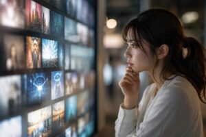 ChatGPTやAIが先に選択肢や情報を並べることで、人間が自分で考えて選んでいるつもりでも、実際にはAIが作った候補の中から選ばされている構造を象徴する画像。画面に並ぶ多数の情報を見つめる女性が、AI時代の選択肢の誘導と思考停止の危険を表している。