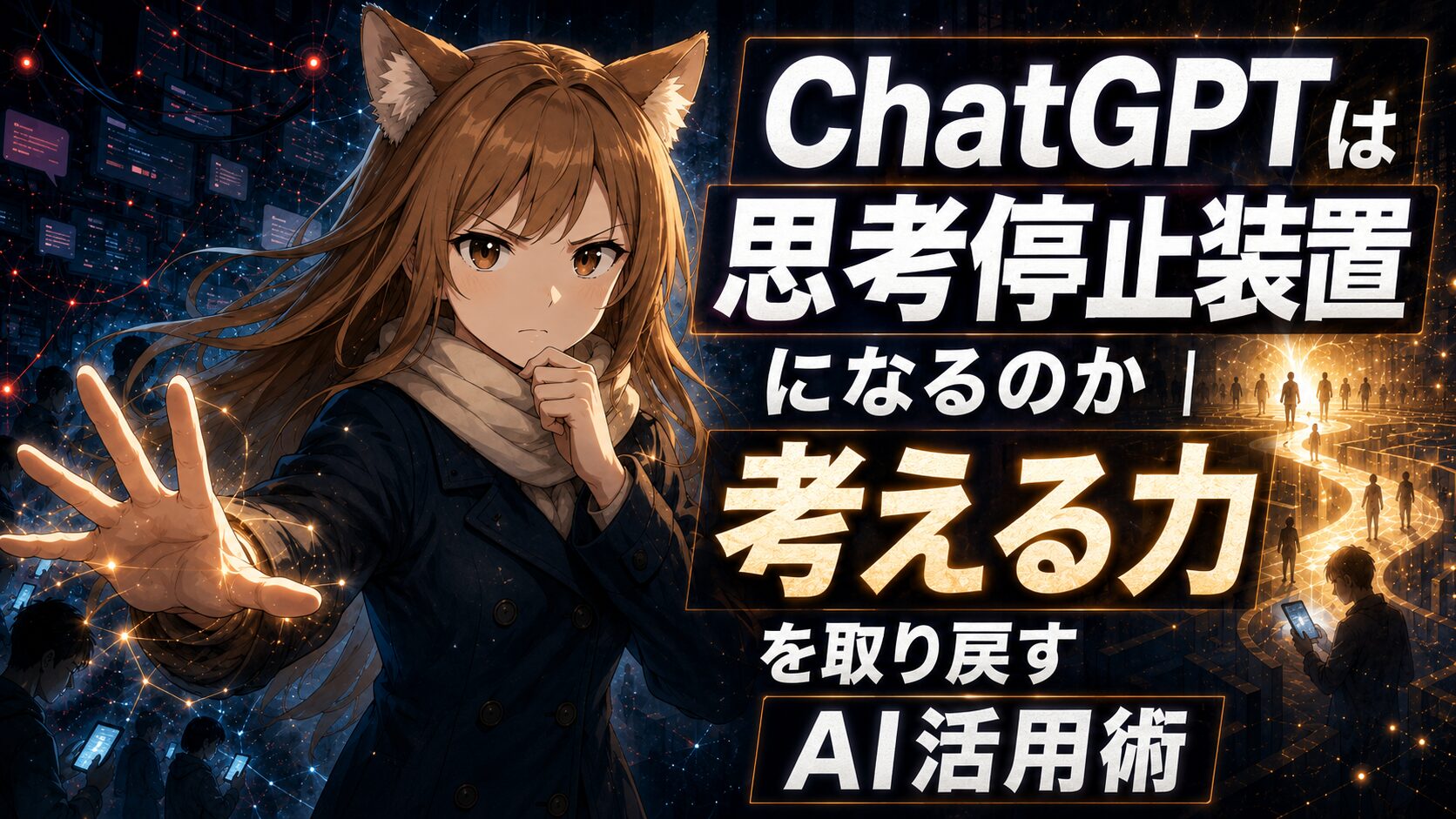 ChatGPTは思考停止装置になるのかをテーマに、AIに依存する危険と考える力を取り戻すAI活用術を表現したアイキャッチ画像。狐耳の少女がデジタル空間で手を差し伸べ、背景には情報ネットワーク、スマホを見る人々、AI社会の分岐する道が描かれている。
