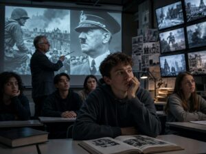 ヒトラーの真実を検証する記事内画像。暗い教室で生徒たちが戦争映像や20世紀欧州の独裁体制を象徴する歴史資料を見つめ、教育やメディアによって恐怖の記憶や善悪の印象が固定されていく歴史認識の構造を表している。