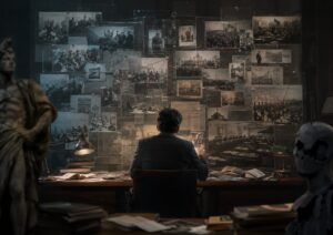 ヒトラーの真実を検証する歴史研究の場面。戦争写真、記録資料、壁面アーカイブを前に人物が座り、ナチス経済、国際金融資本、戦勝国史観、戦後史観によって形成された歴史認識の構造を分析しているイメージ