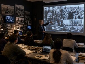 ヒトラーの真実を検証する記事内画像。暗い教室で教師が戦争資料や戦後の歴史映像を生徒たちに解説している場面を通して、勝者の物語が教育やメディアによって戦後史観として固定されていく構造を表している。