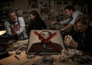 ヒトラーの真実を検証する記事内画像。20世紀欧州の独裁体制を象徴する肖像に赤い否定の印が重ねられ、周囲の人物たちが議論や拒絶を示している場面を通して、悪のラベルが歴史認識を固定し、思考停止を生む構造を表している。