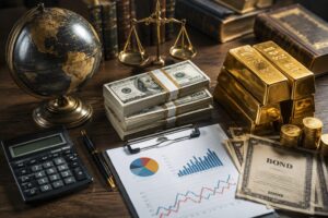 ヒトラーの真実を検証する記事内画像。金塊、紙幣、債券、金融グラフ、天秤、地球儀が並ぶ机上の構図を通して、通貨発行、国家債務、国際金融資本、金融支配が国家の政策や経済の自由を左右する構造を象徴している。