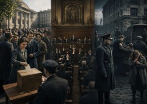 ヒトラーの真実を検証する記事内画像。投票する市民、議会での権力掌握、警察による統制や弾圧が同時に描かれ、ナチス政権が民意の支持を背景に台頭しながら、政治的自由を奪い独裁体制へ進んでいった構造を象徴している。