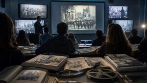 ヒトラーの真実を検証する記事内画像。暗い教室で生徒たちが戦争資料や歴史映像を見つめ、机の上には教科書やフィルム資料が並んでいる。教育とメディアが同じ歴史映像や記録を繰り返し伝えることで、戦後史観や歴史認識が固定されていく構造を象徴している。