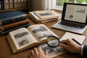 ヒトラーの真実を検証する記事内画像。暗い教室で生徒たちが戦争資料や歴史映像を見つめ、机の上には教科書やフィルム資料が並んでいる。教育とメディアが同じ歴史映像や記録を繰り返し伝えることで、戦後史観や歴史認識が固定されていく構造を象徴している。