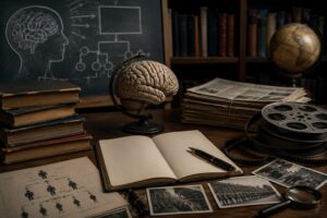 ヒトラーの真実を検証する記事内画像。脳模型、黒板の思考図、古い本、新聞、映画フィルム、地球儀が並ぶ研究室のような場面を通して、教育やメディアによって歴史の記憶が継承され、戦後史観や歴史認識が人々の思考の枠を作っていく構造を象徴している。