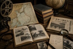 ヒトラーの真実を検証する記事内画像。第二次世界大戦期の国際会議を象徴する場面で、各国の代表者が地図を囲み、日独伊三国同盟や新秩序構想、既存の西洋中心秩序への対抗と国際秩序の再編を検証する歴史的テーマを表している。