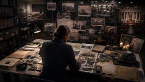 ヒトラーの真実を検証する記事内画像。暗い研究室で人物が大量の歴史資料、戦争写真、記録文書を前に調査している場面を通して、ヒトラー像を英雄化でも悪魔化でもなく、ナチス経済、国際金融資本、戦勝国史観、戦後プロパガンダの構造から読み解く姿勢を象徴している。