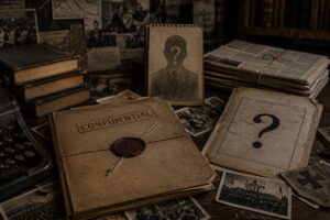 ヒトラーの真実を検証する記事内画像。封印された機密資料、疑問符の書類、ぼかされた人物像、古い新聞や戦争写真が並ぶ机上の場面を通して、ヒトラーという名前が歴史認識の問いを封じる記号となり、戦勝国史観や戦後プロパガンダの中で検証そのものが止まりやすくなる構造を象徴している。