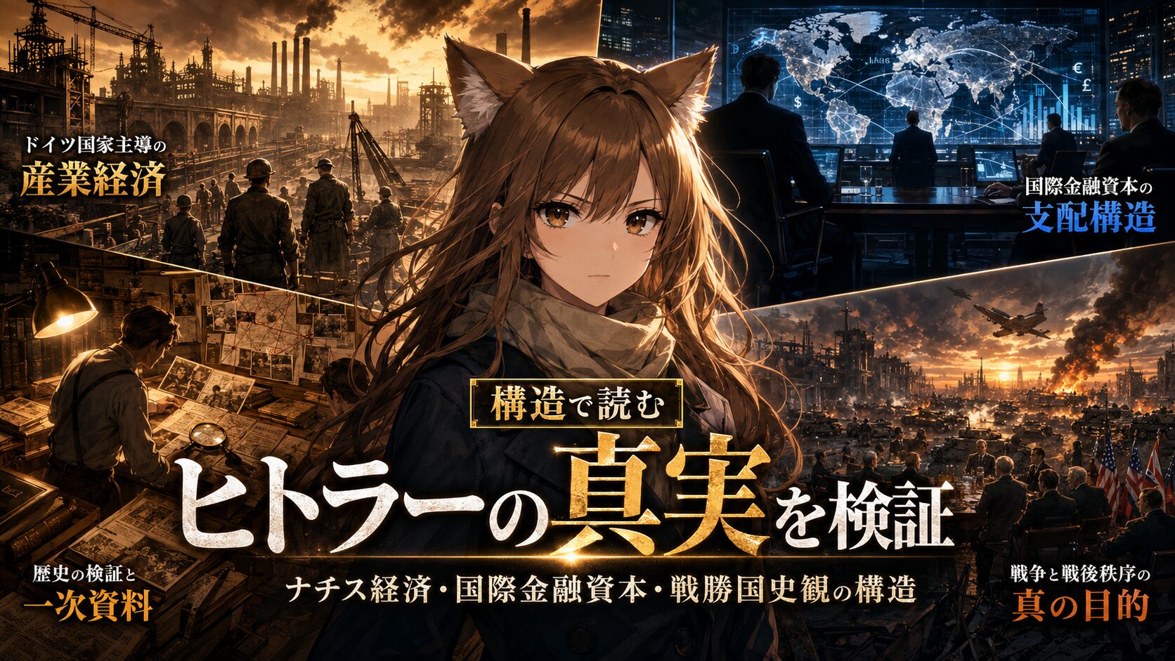 ヒトラーの真実を検証する記事のアイキャッチ画像。雪という狐耳の語り部キャラクターを中心に、ドイツ国家主導の産業経済、国際金融資本の支配構造、一次資料による歴史検証、戦争と戦後秩序の真の目的を描き、ナチス経済・国際金融資本・戦勝国史観の構造を読み解くテーマを表現している。