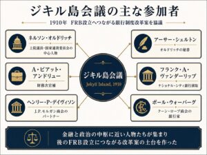 国際金融資本の少数が秘密裏に集結という見出しに対応した記事内図解。1910年のジキル島会議に参加したとされるネルソン・オルドリッチ、A・ピアット・アンドリュー、ヘンリー・P・デイヴィソン、アーサー・シェルトン、フランク・A・ヴァンダーリップ、ポール・ウォーバーグを整理し、FRB設立へ向かう銀行制度改革案が少数の金融・政治関係者によって話し合われた構造を表現している。国際金融資本、FRB設立、通貨発行権、ジキル島会議、金融エリート、銀行制度改革の関係を解説する図。
