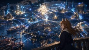 国際金融資本とは何かを解説する記事内画像。夜の都市と世界中の金融ネットワークを背景に、雪が信用と資金の流れを見つめている。銀行、国家、企業、市場が光の線でつながり、FRB設立や通貨発行権、信用制度が世界経済に影響する構造を視覚的に表現している。