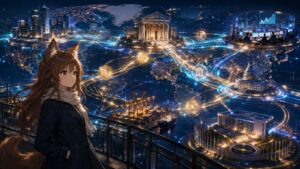 国際金融資本の本体は金融ネットワークであることを解説する記事内画像。夜の都市に銀行、企業、政府機関、市場が光の線でつながり、雪がその構造を見つめている。国際金融資本とは一人の支配者ではなく、銀行、投資会社、保険会社、格付け会社、国際機関、政府機関、メディアが重なり合って国家を超える資金と信用の流れを作る金融ネットワークであることを視覚的に表現している。