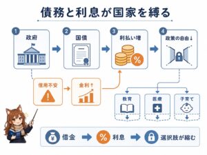 債務と利息が国家を縛る仕組みを解説する記事内図解。政府が不足する財源を国債で補い、国債には利払いが発生し、信用不安によって金利が上がることで、教育、医療、子育てなどに使える政策の自由が狭まる流れをシンプルに表現している。通貨発行権、国債、利息、国家財政、信用不安、金融市場が国家の選択肢に影響する構造を雪が解説している。