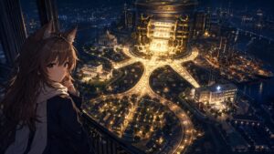 通貨発行権の起点は断定しないという見出しに対応した記事内画像。夜の金融都市を背景に、雪が巨大な銀行や資本ネットワークを見つめている。ロスチャイルド家を国際金融資本の起点と断定せず、通貨発行権、銀行制度、国家財政、信用制度、金融ネットワークが歴史の中で結びついていった構造を視覚的に表現している。