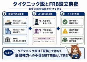 大富豪説はFRB設立と国際金融資本で分けて見るという見出しに対応した記事内図解。タイタニック号とFRB設立前夜の関係について、確認できる事実、よく語られる説、注意すべき判断点を整理している。ホワイトスターライン、IMM、J.P.モルガン資本、大富豪の乗船と死亡、FRB反対説を混同せず、国際金融資本、FRB設立、通貨発行権、金融権力への不信を事実と推測に分けて読み解くための図。